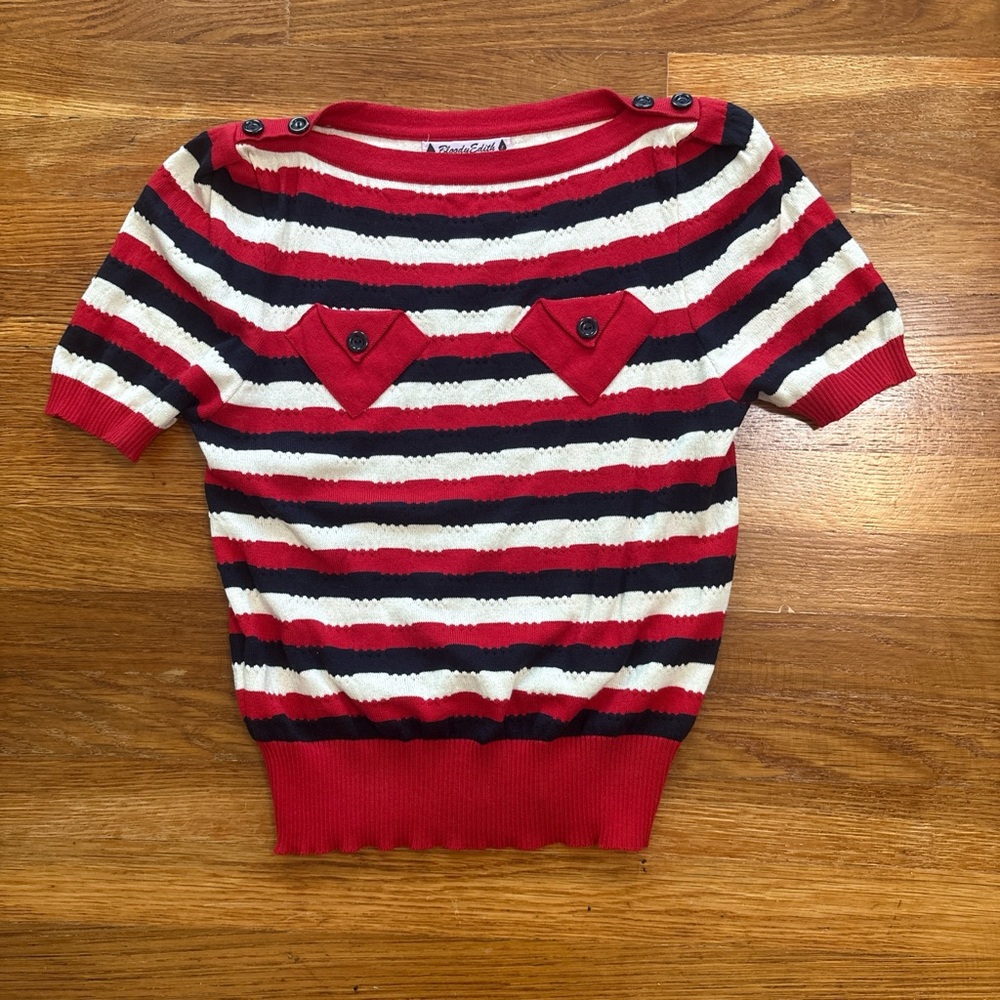 Reproduction 1930’s 1940’s Sweater Red White Navy/Black Stripes Short Sleeve